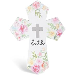 Dicksons Faith Cutout Floral White and Pink 13.75 inch MDF Wood Hanging Wall Cross