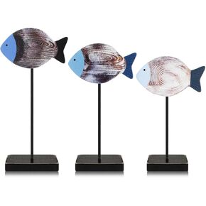 3 Pcs Wooden Sea Fish Table Decor Beach House Decor Rustic Wood Fish Decor Summer Coastal Farmhouse Decor Ocean Tiered Tray Decor for Home Office Bedroom Table Shelf Desk