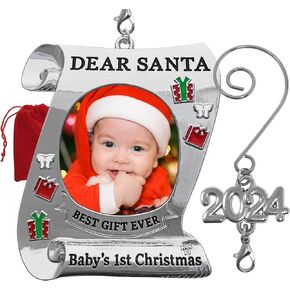 BANBERRY DESIGNS Baby's First Christmas Keepsake Photo Ornament - 2024 Dated Ornament for Newborn - Dear Santa Picture Holder - Baby 1st - Gift/Storage Bag Included