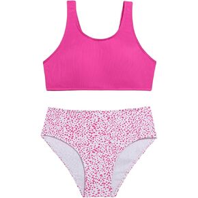 SweatyRocks Girl's Swimsuit Cute Scoop Neck Print High Waisted Bikini Set Ribbed Bathing Suits in Saudi Arabia