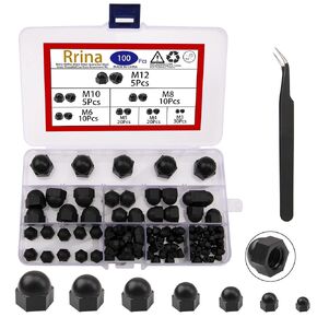 100Pcs Black Nylon Dome Acorn Nut Inner Threaded Cap Nuts Assortment Kit,7 Sizes M3, M4, M5, M6, M8, M10, M12