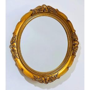 Schones Geschaft Decorative Wall Mirror, Vintage Hanging Mirror for Dresser Decor Bedroom Living-Room, Oval Organizer Mirror Tray, 14.8'' L x 13'' W (Gold)