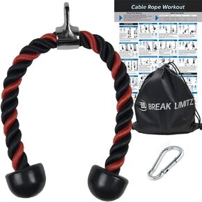 Red Tricep Rope Pull Down & Poster Set | 27 or 36 Inch Heavy Duty Nylon Rope, Chrome Cable Attachment | Professional or Home Gyms | Includes Workout Poster, Snap Hook, Bag
