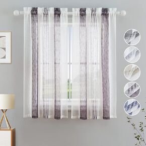 GlowSol Cafe Curtains Natural Design Splicing Vertical Striped Faux Linen Textured Tiers 24 Inch Length Farmhouse Small Window Curtains, 27×24, 2 Pcs