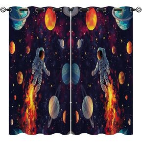 Funny Astronaut Blackout Curtains for Girls Boys Home Decor, Fantasy Dinosaur Shark Galaxy Grommet Thermal Insulated Drapes Darkening Window Curtain for Bedroom Living Room, 42 x 45 Inch
