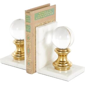 Deco 79 Marble Bookends with Glass Orbs and Gold Accents, Set of 2 5" W, 6" H, White