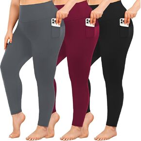3 Pack Plus Size Leggings with Pockets for Women-High Waist Yoga Pants Tummy Control Soft Workout Leggings