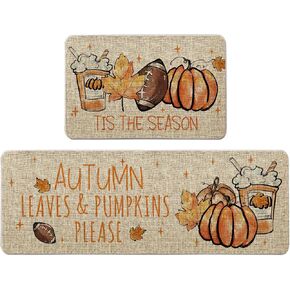 Fall Kitchen Rug Tis The Season Kitchen Mats Set of 2, Autumn Football Pumpkin Farmhouse Party Floor Mat for Home Kitchen Bathroom Decorations - 17x27 and 17x47 Inch