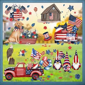 Patriotic Window Clings 4th of July Window Stickers Decorations Gnome Owl Truck American Flag Window Decals for Home School Office, Independence Day Party Supplies 7.87 "x 11.81"6 Sheets