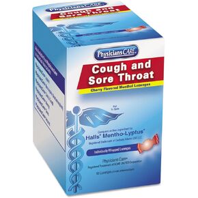 PhysiciansCare 90306 Cough and Sore Throat, Cherry Menthol Lozenges, 50 Individually Wrapped per Box