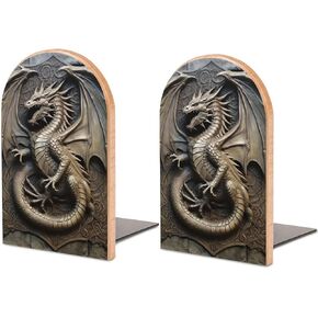 2 PCS Wood Book Ends,A Dragon Wings Old Iron Bookends for Shelves Non Skid Book Ends for Office Home Kitchen, Bookends for Holiding Books 5x3 Inch