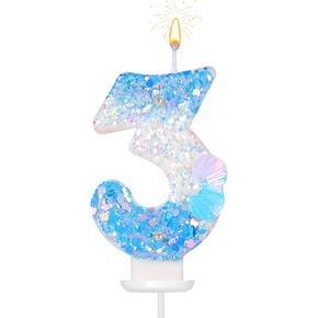 Birthday Number Candle, 2.95 Inch Beach Theme Mermaid Number Candle Glitter Shell Sequins Number Candles Numeral Birthday Candles Cake Topper for Wedding Baby Shower Party (0)