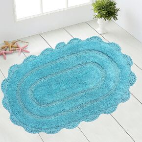 Chardin home Aqua Blue Crochet Bathrug, 100% Cotton Oval bathmat with artisanally Handcrafted Crochet Border, 17x24 Inch Oval tubmat, Small Rug, Perfect for Half Baths, Powder Rooms, bathrooms