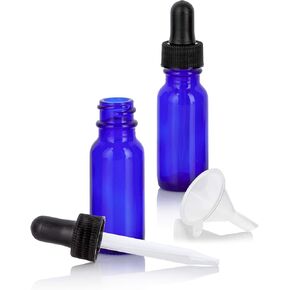 JUVITUS 0.5 oz / 15 ml Cobalt Blue Glass Boston Round Bottle with Black Dropper (2 Pack) + Funnel