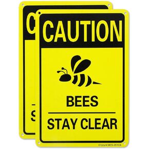 2 Pack Caution Bees Stay Clear Sign, 10"x 7" .04" Aluminum Reflective Sign Rust Free Aluminum-UV Protected and Weatherproof