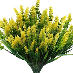 12 Bundles Artificial Plants Outdoor, UV Resistant Fake Monkey Grass with Lavender Flowers Greenery Stems No Fade Faux Shrubs for Home Garden Window Box Porch Front Patio Office Decor (Yellow)