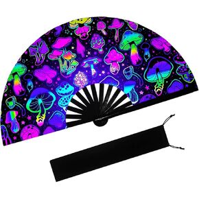 UV Glow Clack Handheld Fan with Fan Bag,Large Folding Hand Rave Fan,for Music Festivals,Carnival,Rainbow Outfits,Disco Party,Neon Party,Halloween,Burlesque,Drag Queen & Glow Party Decorations