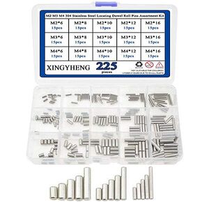 XINGYHENG 225Pcs 15 Kinds M2 M3 M4 304 Stainless Steel Dowel Pins Assortment Kit( Round Straight Pin Fixed Element Set with A Storage Box)