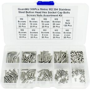 300Pcs Metric M2 304 Stainless Steel Button Head Hex Socket Cap Bolts Screws Nuts Assortment Kit- M2 x 4mm/ 6mm/ 8mm/ 10mm/ 12mm/ 14mm/ 16mm/ 18mm/ 20mm