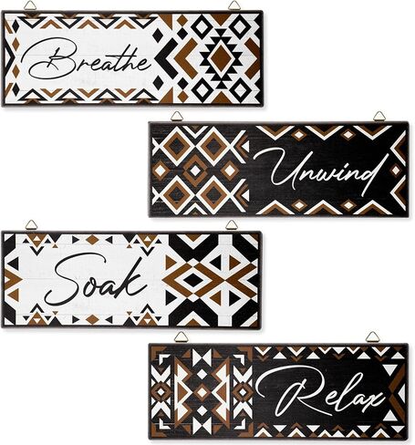 Hoemwarm 4 Pcs Aztec Bathroom Wall Decor Aztec Bathroom Wooden Sign Boho Bathroom Sign Wall Art Western Farmhouse Home Wall Art Relax Soak Unwind Breathe Laundry Room Wood Decorations in Kuwait