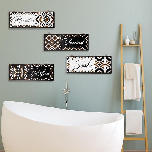 Hoemwarm 4 Pcs Aztec Bathroom Wall Decor Aztec Bathroom Wooden Sign Boho Bathroom Sign Wall Art Western Farmhouse Home Wall Art Relax Soak Unwind Breathe Laundry Room Wood Decorations in Kuwait