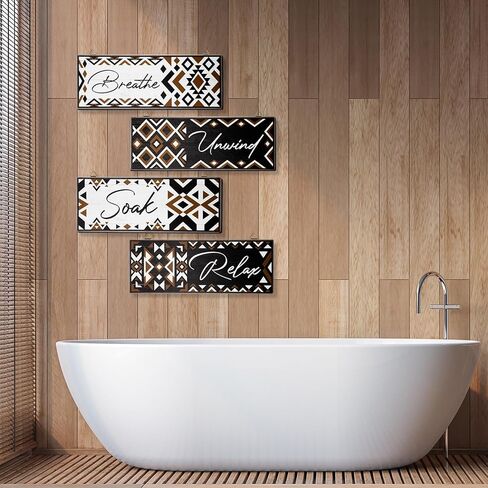 Hoemwarm 4 Pcs Aztec Bathroom Wall Decor Aztec Bathroom Wooden Sign Boho Bathroom Sign Wall Art Western Farmhouse Home Wall Art Relax Soak Unwind Breathe Laundry Room Wood Decorations in Kuwait