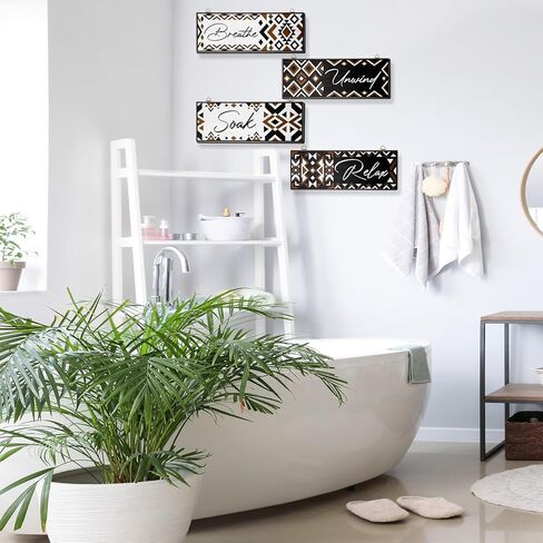 Hoemwarm 4 Pcs Aztec Bathroom Wall Decor Aztec Bathroom Wooden Sign Boho Bathroom Sign Wall Art Western Farmhouse Home Wall Art Relax Soak Unwind Breathe Laundry Room Wood Decorations in Kuwait