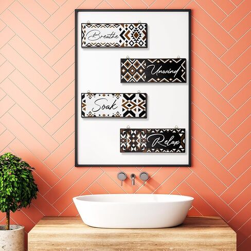 Hoemwarm 4 Pcs Aztec Bathroom Wall Decor Aztec Bathroom Wooden Sign Boho Bathroom Sign Wall Art Western Farmhouse Home Wall Art Relax Soak Unwind Breathe Laundry Room Wood Decorations in Kuwait