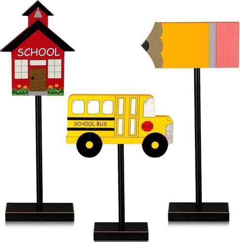 3 Pieces Back to School Wood Table Decor Farmhouse Wooden Pencil Bus House Tall Standing Rustic Wooden Centerpiece Back to School Table Topper Sign for Desk Classroom Home Decor in Saudi Arabia