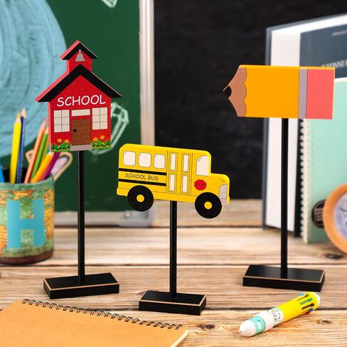 3 Pieces Back to School Wood Table Decor Farmhouse Wooden Pencil Bus House Tall Standing Rustic Wooden Centerpiece Back to School Table Topper Sign for Desk Classroom Home Decor in Saudi Arabia