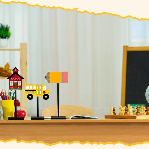 3 Pieces Back to School Wood Table Decor Farmhouse Wooden Pencil Bus House Tall Standing Rustic Wooden Centerpiece Back to School Table Topper Sign for Desk Classroom Home Decor in Saudi Arabia