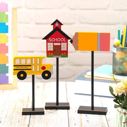 3 Pieces Back to School Wood Table Decor Farmhouse Wooden Pencil Bus House Tall Standing Rustic Wooden Centerpiece Back to School Table Topper Sign for Desk Classroom Home Decor in Saudi Arabia