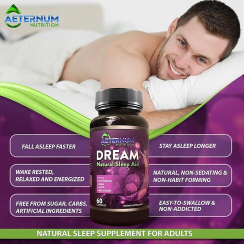 Dream Natural Sleep Supplement for Adults – Relaxing Sleep, Wake Rested - Non Habit Sleep Aid Capsules Free from Sugar, Carbs - Melatonin, Magnesium, 5HTP, L-Theanine, GABA- Non-GMO 60 Sleeping Pills in Saudi Arabia