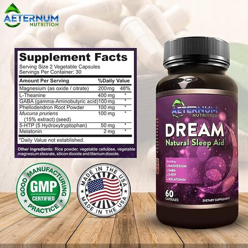 Dream Natural Sleep Supplement for Adults – Relaxing Sleep, Wake Rested - Non Habit Sleep Aid Capsules Free from Sugar, Carbs - Melatonin, Magnesium, 5HTP, L-Theanine, GABA- Non-GMO 60 Sleeping Pills in Saudi Arabia