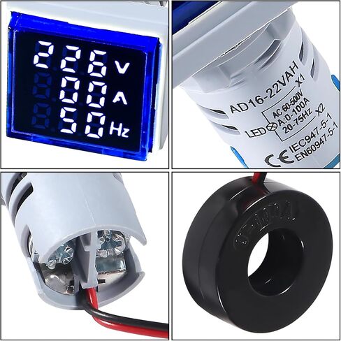3 in 1 60-500V 0-100A AC Digital Ammeter Voltmeter, 22mm Square Digital Tube Screen with Transformer, LED Display Voltage Detector Current Tester Gauge(Blue) in Saudi Arabia