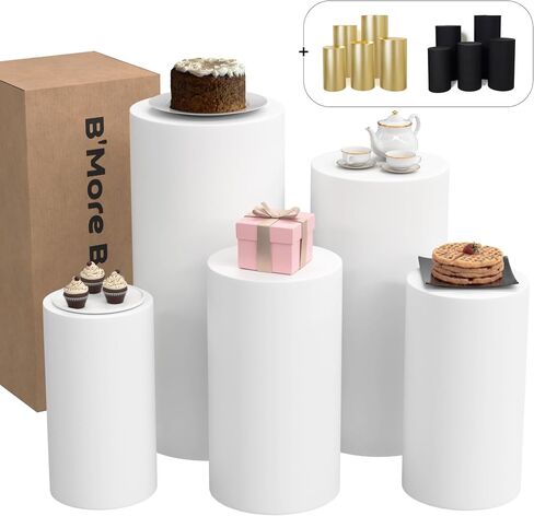 Large 5pcs Metal Durable Round Cylinder Stands for Party, Cylinder pedestal stands for parties, Pedestal stand for parties, TWO Pedestal Cylinder Sleeves Included, White Pedestal Stand, Durable in Saudi Arabia