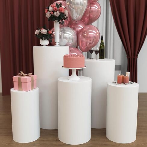 Large 5pcs Metal Durable Round Cylinder Stands for Party, Cylinder pedestal stands for parties, Pedestal stand for parties, TWO Pedestal Cylinder Sleeves Included, White Pedestal Stand, Durable in Saudi Arabia