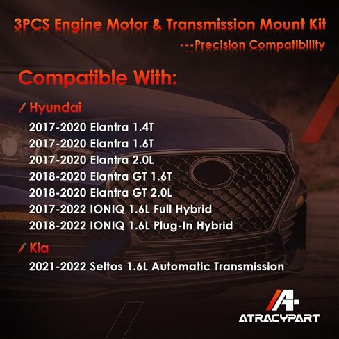 Engine Motor & Transmission Mount Kit 3PCS, Compatible With Hyundai 17-20 Elantra 1.4T1.6T 2.0L, 18-20 Elantra GT 1.6T 2.0L, 17-22 IONIQ 1.6L; Kia 21-22 Seltos 1.6L, Replace OE# A71210, A71100, A71207 in Kuwait