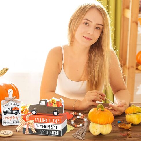 ديكور الخريف لصينية متدرجة ديكورات عيد الشكر، ديكور خشبي للخريف، ديكورات المزرعة، شاحنة الخرزة، تماثيل اليقطين، علامة الخريف الريفية لعيد الشكر في الخريف in Kuwait