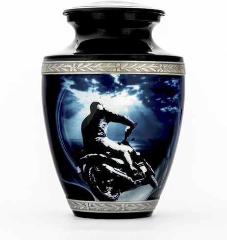 Motorcycle Cremation Urn for Human Ashes Adult Male, Polished Metal Funeral Urn for Human Ashes, 200 Cubic in. Memorial Silver Urn for Burial, Velvet Urn Bag, Anti Scratch Felt Bottom in Saudi Arabia