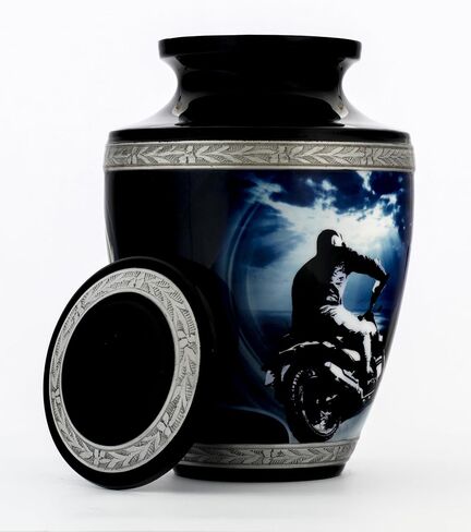 Motorcycle Cremation Urn for Human Ashes Adult Male, Polished Metal Funeral Urn for Human Ashes, 200 Cubic in. Memorial Silver Urn for Burial, Velvet Urn Bag, Anti Scratch Felt Bottom in Saudi Arabia