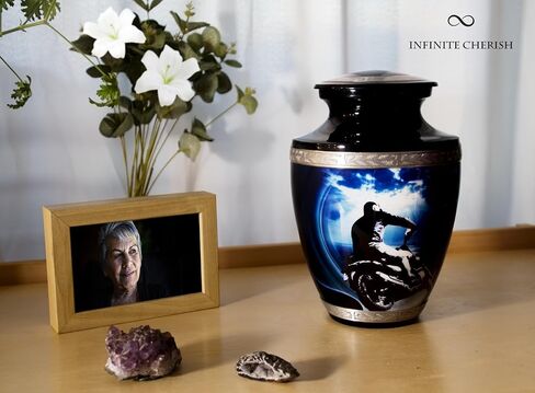 Motorcycle Cremation Urn for Human Ashes Adult Male, Polished Metal Funeral Urn for Human Ashes, 200 Cubic in. Memorial Silver Urn for Burial, Velvet Urn Bag, Anti Scratch Felt Bottom in Saudi Arabia