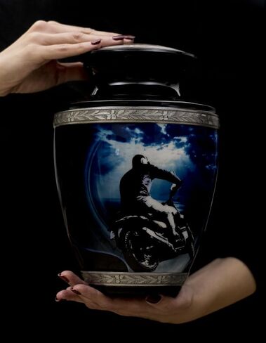 Motorcycle Cremation Urn for Human Ashes Adult Male, Polished Metal Funeral Urn for Human Ashes, 200 Cubic in. Memorial Silver Urn for Burial, Velvet Urn Bag, Anti Scratch Felt Bottom in Saudi Arabia