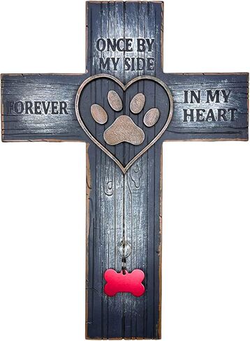Top Brass Pet Memorial Wall Cross – Paw Print & Heart with Name/Rabies Tag, Collar Hook – Once by My Side Forever in My Heart – Loss of Dog/Cat Sympathy Decor in Kuwait