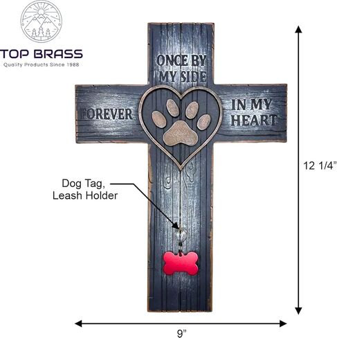 Top Brass Pet Memorial Wall Cross – Paw Print & Heart with Name/Rabies Tag, Collar Hook – Once by My Side Forever in My Heart – Loss of Dog/Cat Sympathy Decor in Kuwait
