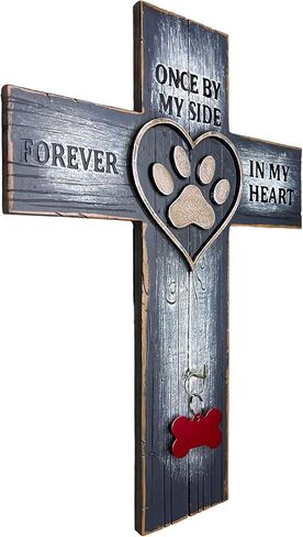 Top Brass Pet Memorial Wall Cross – Paw Print & Heart with Name/Rabies Tag, Collar Hook – Once by My Side Forever in My Heart – Loss of Dog/Cat Sympathy Decor in Kuwait