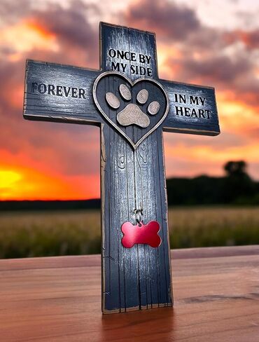 Top Brass Pet Memorial Wall Cross – Paw Print & Heart with Name/Rabies Tag, Collar Hook – Once by My Side Forever in My Heart – Loss of Dog/Cat Sympathy Decor in Kuwait