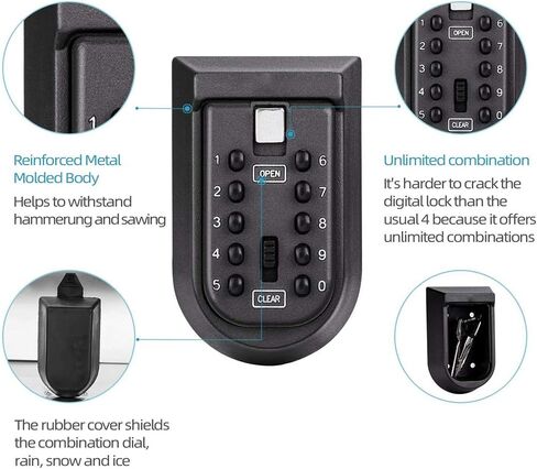 صندوق أمان خارجي مثبت على الحائط مع قفل مجموعة زر ضغط، آمن للمفتاح الخارجي مع زر ضغط بغطاء مطاطي (أسود، 105 × 65 × 48 مم) in Kuwait