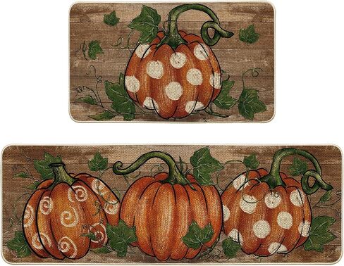 Artoid ModeWood Dot Pumpkin Leaves Fall Kitchen Mats Set of 2, Autumn Home Decor Low-Profile Kitchen Rugs for Floor - 17x29 and 17x47 Inch in Saudi Arabia