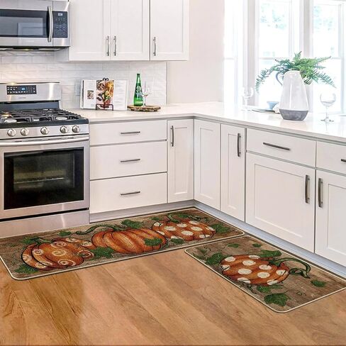Artoid ModeWood Dot Pumpkin Leaves Fall Kitchen Mats Set of 2, Autumn Home Decor Low-Profile Kitchen Rugs for Floor - 17x29 and 17x47 Inch in Saudi Arabia